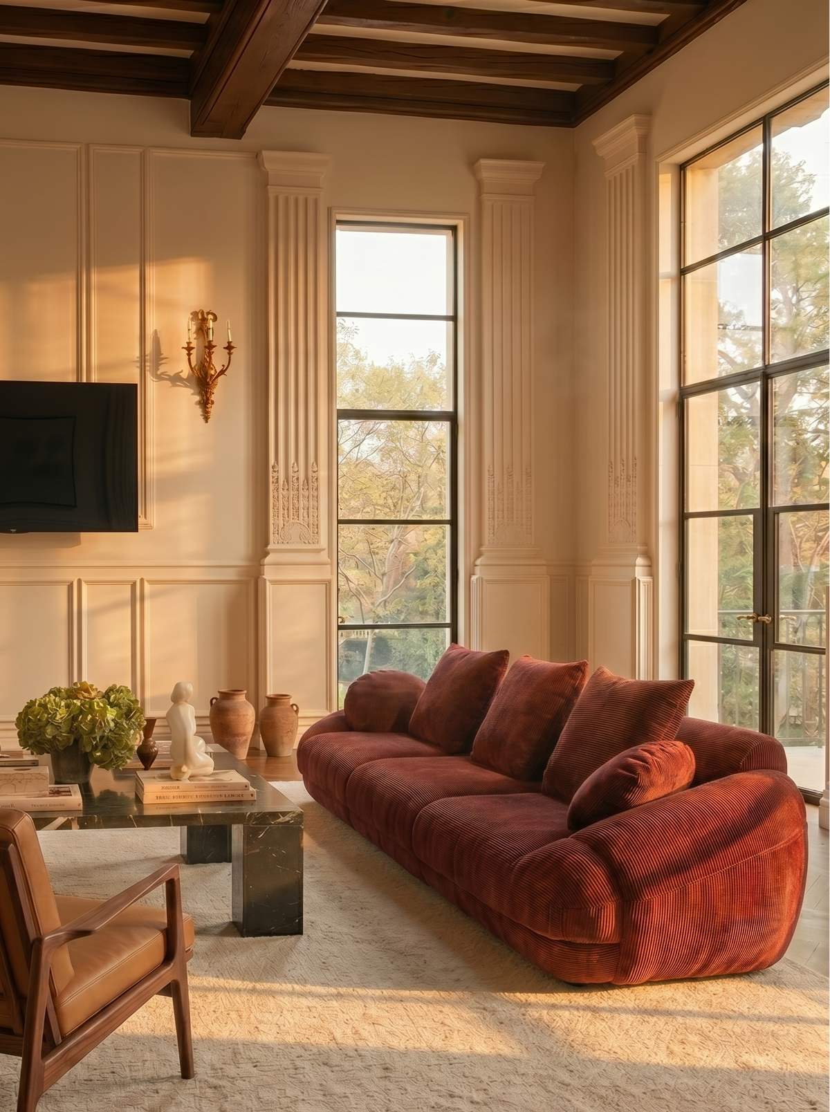 Velor Sculptural Velvet Curved Sofa in Terra Rust, styled in a living room with wooden chair