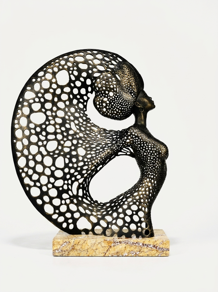 Vera Sculpture, sculpture with perforated bronze-black patina finish on marble base