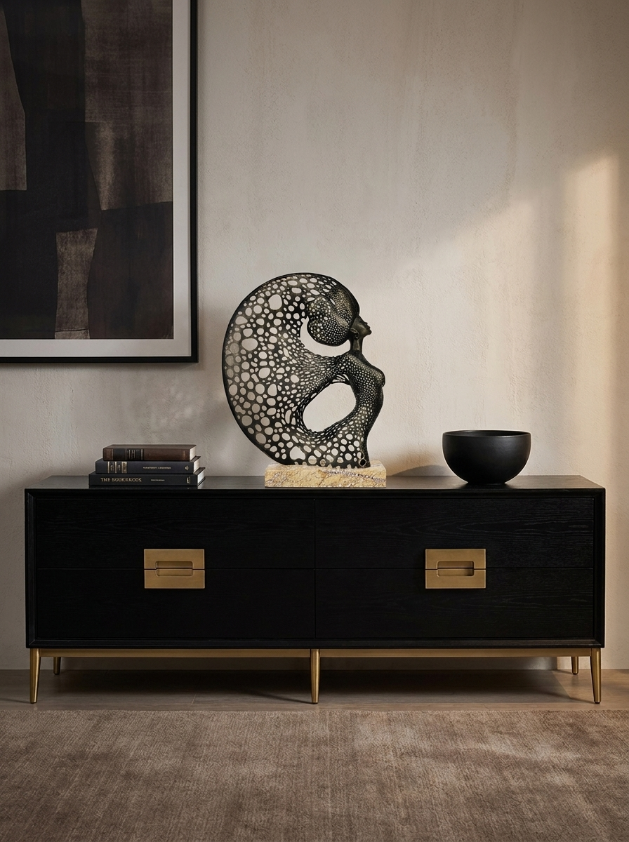Vera Sculpture, sculpture with bronze-black patina finish, angled view
