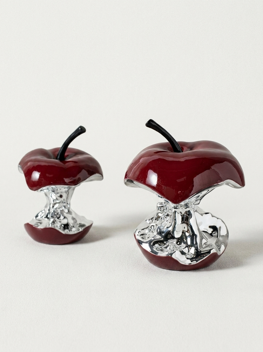 Vidar Apple Sculpture Set, two resin apple sculptures in lacquered burgundy and mirror silver