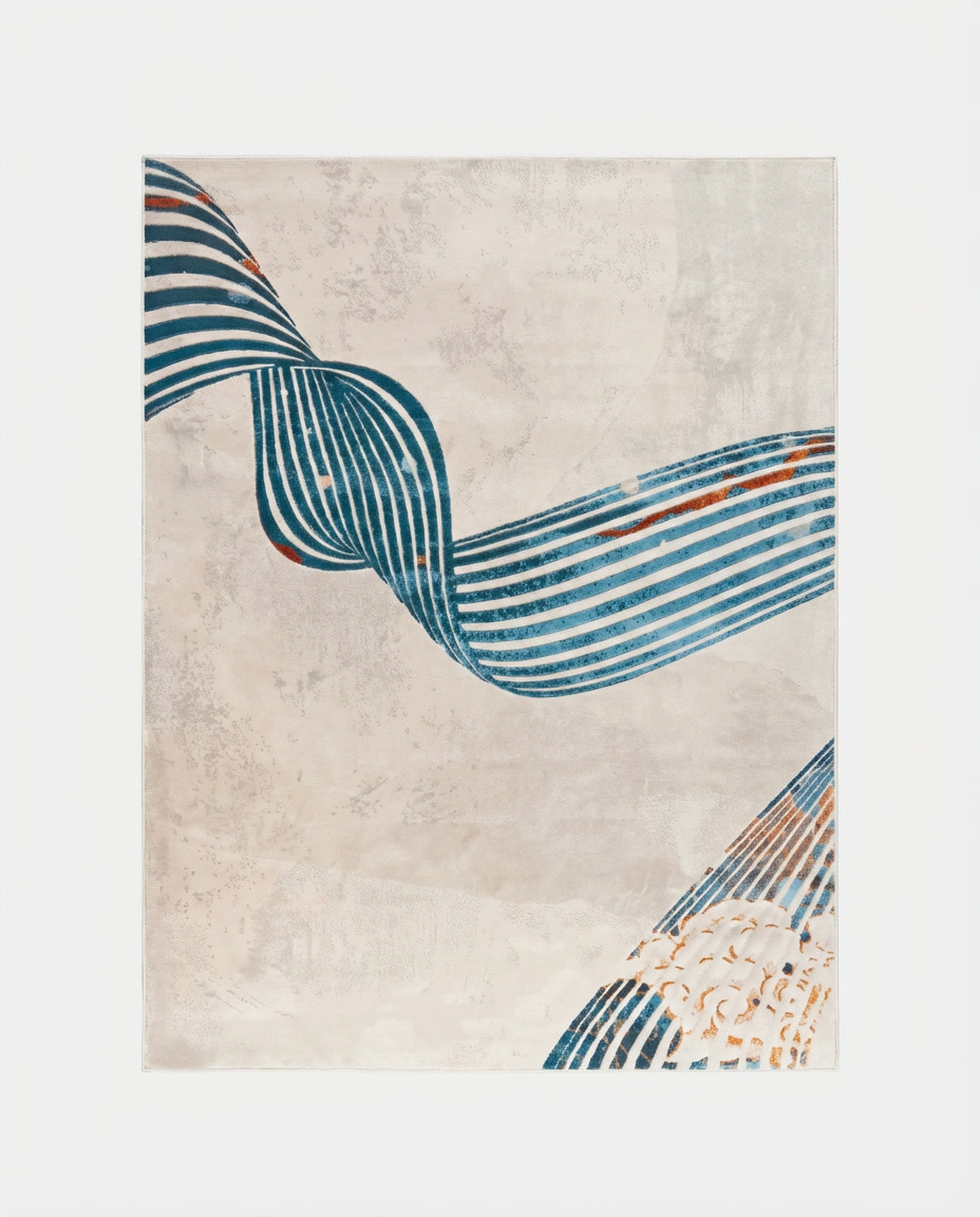 Vind Kinetic Ribbon Rug in Petrol Ribbon, high-density rug with Petrol Blue trompe-l'œil ribbon