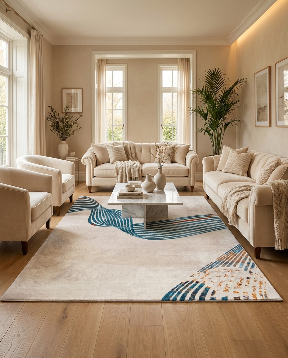 Vind Kinetic Ribbon Rug in Petrol Ribbon, styled in a living room with beige sofas