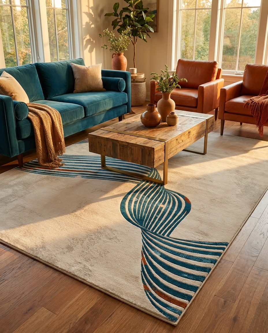 Vind Kinetic Ribbon Rug in Petrol Ribbon, styled in a living room with blue sofa