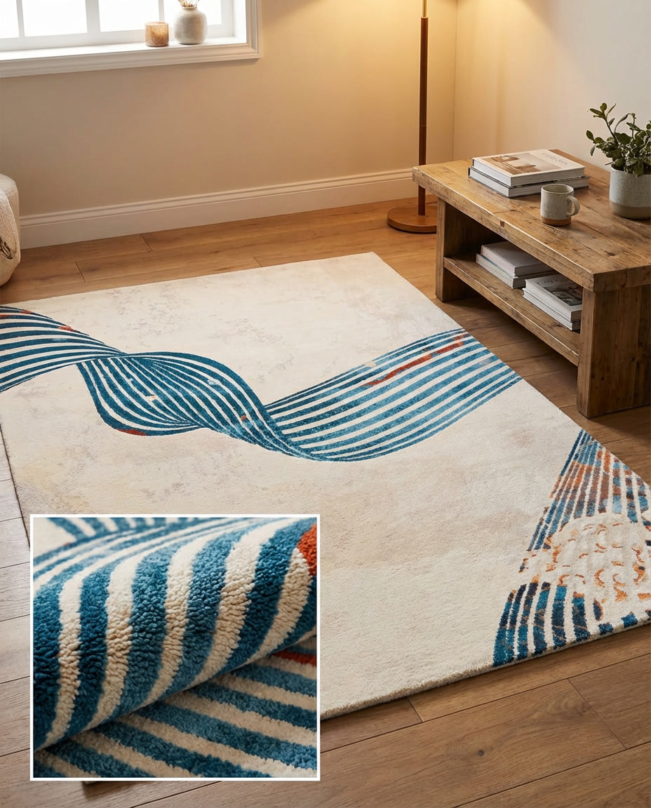 Vind Kinetic Ribbon Rug in Petrol Ribbon, styled on a wooden floor