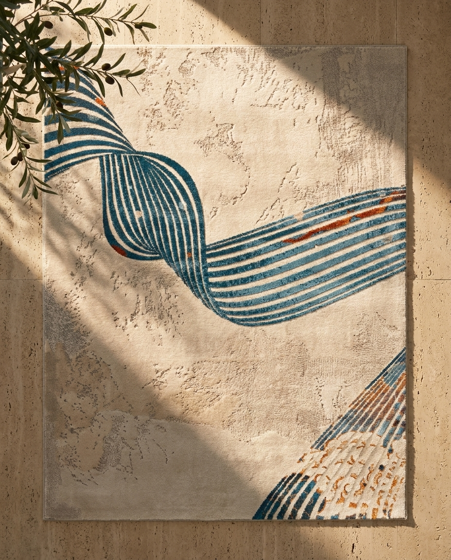 Vind Kinetic Ribbon Rug in Petrol Ribbon, wall-mounted view of ribbon design