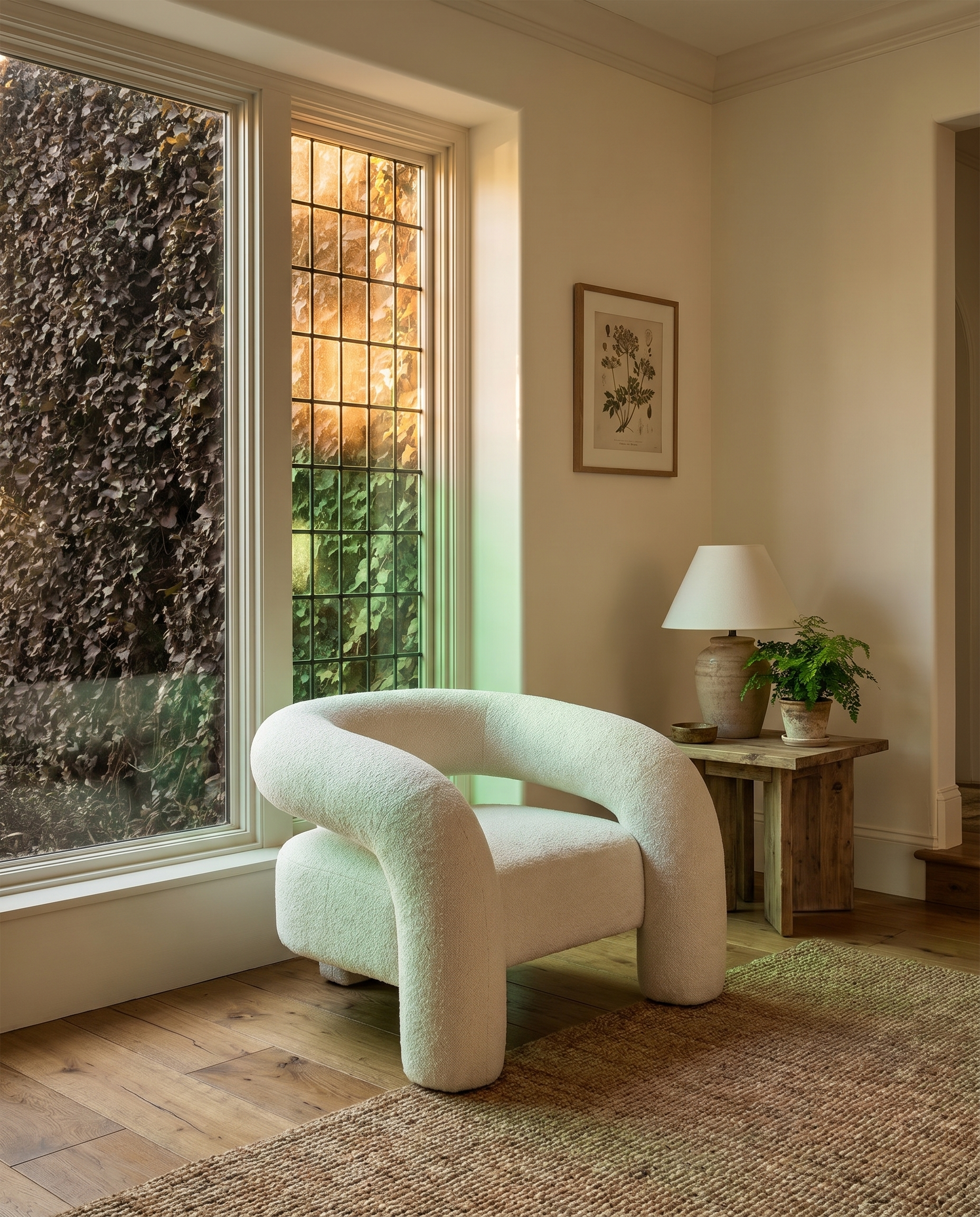 Modern white armchair in a room with large windows and a lamp on a side table.
