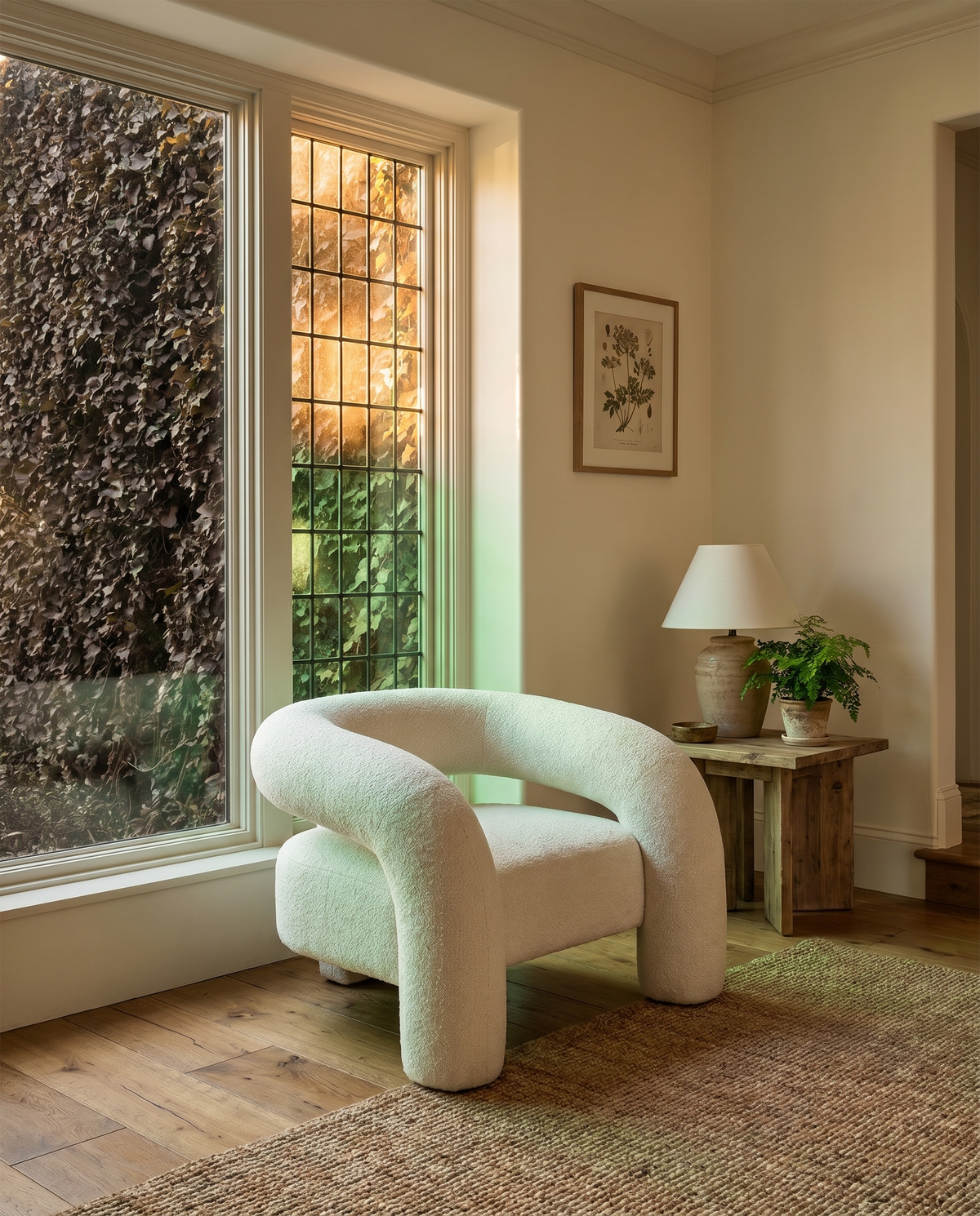 Voss Bouclé Armchair in Oatmeal Pebble, styled in a living room with side table