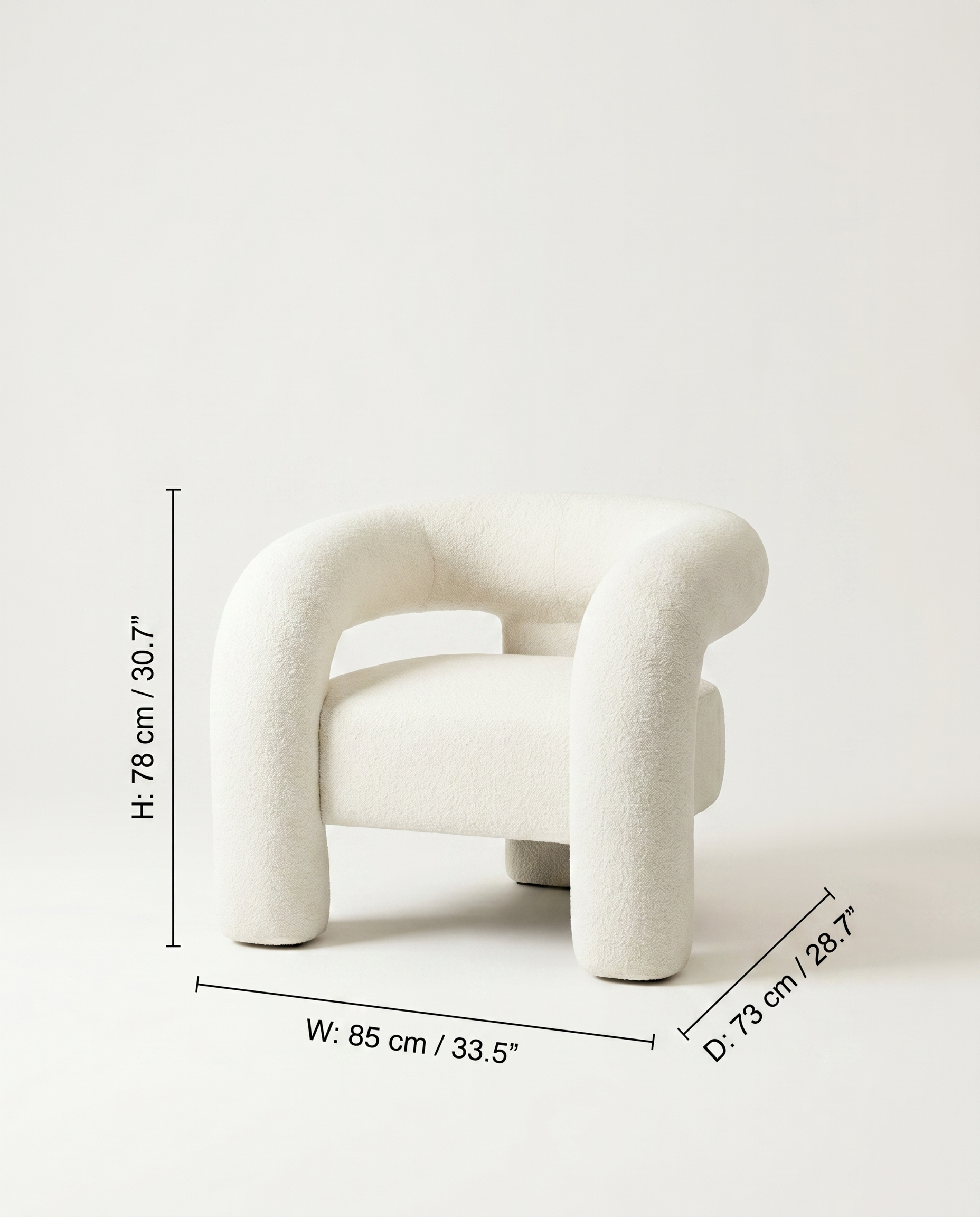 White armchair with dimensions labeled on a white background