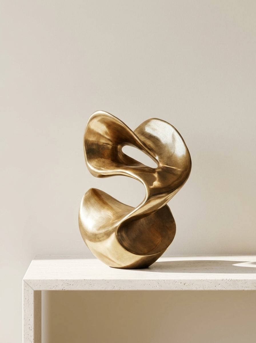 Vril Abstract Sculpture, styled on a light stone shelf against warm beige background